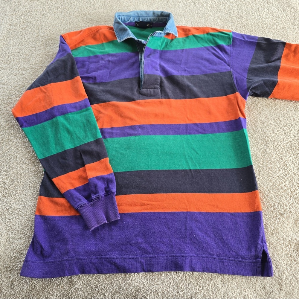 Vintage 90s Nautica Striped Rugby Long Sleeve Polo Shirt Size L Colorful Retro